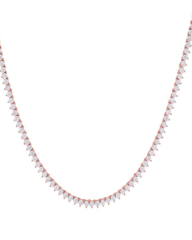 Front of a size 15" Three Prong Tennis Necklace Rose Gold 15" in Rose Gold by By Adina Eden. | dia_product_style_image_id:293253